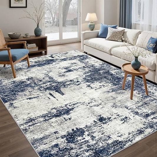 Area Rug Living Room Rugs: 5x7 Washable Rug with Anti-Slip Backing Non-Shedding Stain-Resistant Foldable Modern Abstract Carpet for Bedroom Dining Room Nursery Home Office - Gray/Blue