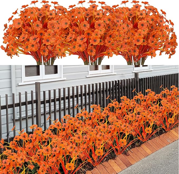 LikSoor 21 Bundles Artificial Outdoor UV Resistant Flowers No Fade Fake Outside Flowers Plastic Greenery Faux Shrubs Garden Porch Window Box Home Decoration(Deep Autumn Orange)