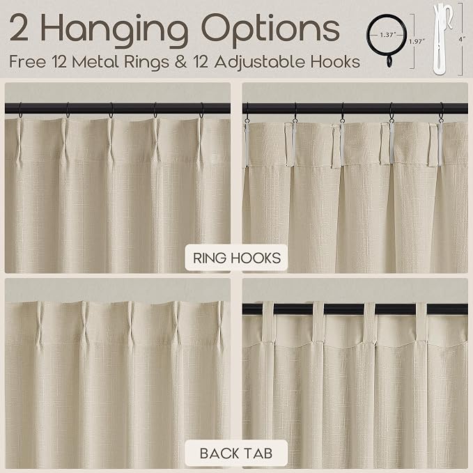 Extra Wide Pleated Linen Curtains 84 Inch 1 Panel Cream Beige Semi Sheer Light Filtering Privacy Pleat Curtains for Living Room Bedroom Memory Trained Shaped Thick Linen Sliding Door Drapes 70x84