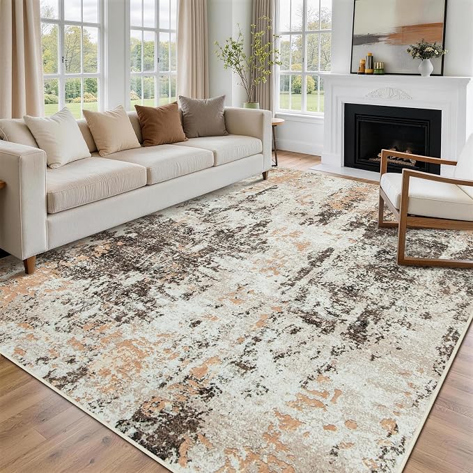9x12 Area Rugs for Living Room Rug Washable: Abstract Large Rug for Dining Room Bedroom Carpet Non Slip 9 by 12 Indoor Modern Nursery Home Office Brown Beige