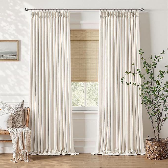 90 Inches Natural Pleated Linen Curtains for Living Room Light Filtering Boho Memory Trained Privacy Beige White Thick Linen Curtains with Back Tab Neutral Semi Sheer Pleat Bedroom Drapes 2 Panels