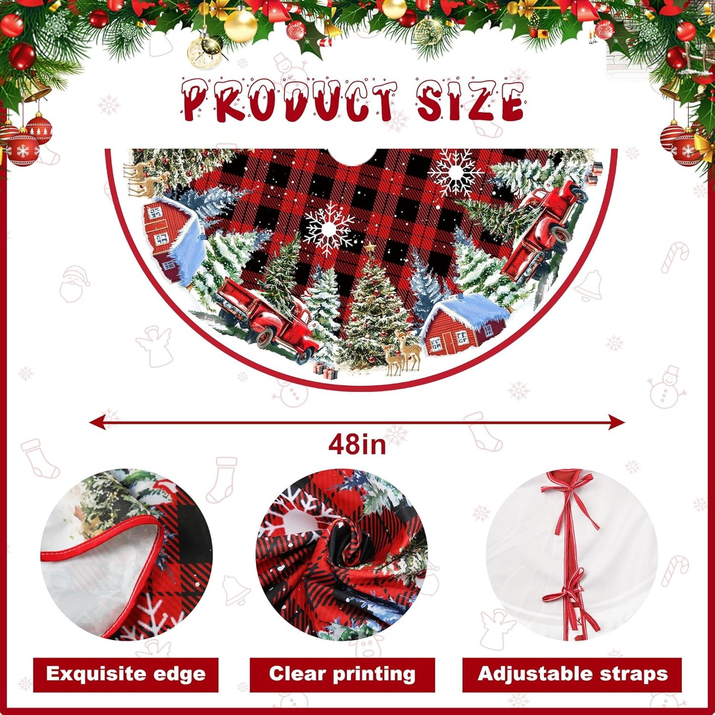 Christmas Tree Skirt 48 Inches Red Xmas Soft Cover Mat Decor Retro Xmas Tree Skirt for New Year Holiday Ornaments Indoor Outdoor Decorations (Buffalo Plaid)