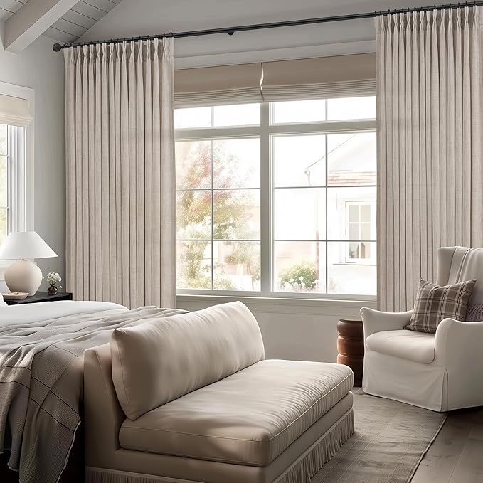 Pleated Greyish Brown Light Filtering 102 Inch Long Curtains 2 Panels Set for Sliding Glass Door, Country Pleat Flax Linen Semi Sheer Window Drapes Bedroom Privacy Viral Curtain 102 Inches Length Burg