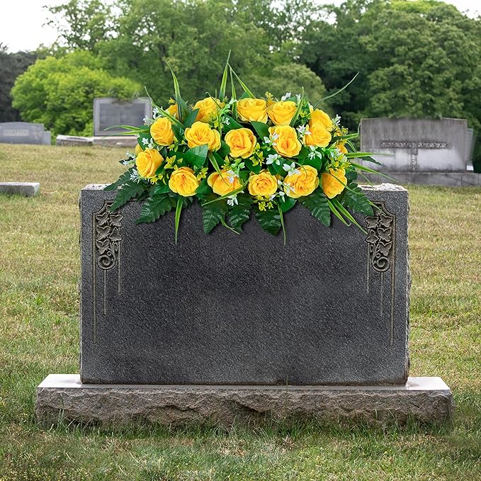 DONODA Cemetery Tombstone Flower Saddle - Outdoor Grave Decorations - Non-Bleed Colors, Rose Combination Flower (Yellow Saddle)