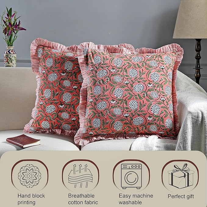 Ridhi Block Print Dark Salmon Pink Throw Pillow Cover 16" x 16" (Pack of 2) Decorative Cushion Covers with Ruffle for Couch, Sofa, Bed, Living Room, Home Decor Gift for Spring, Easter, Valentine