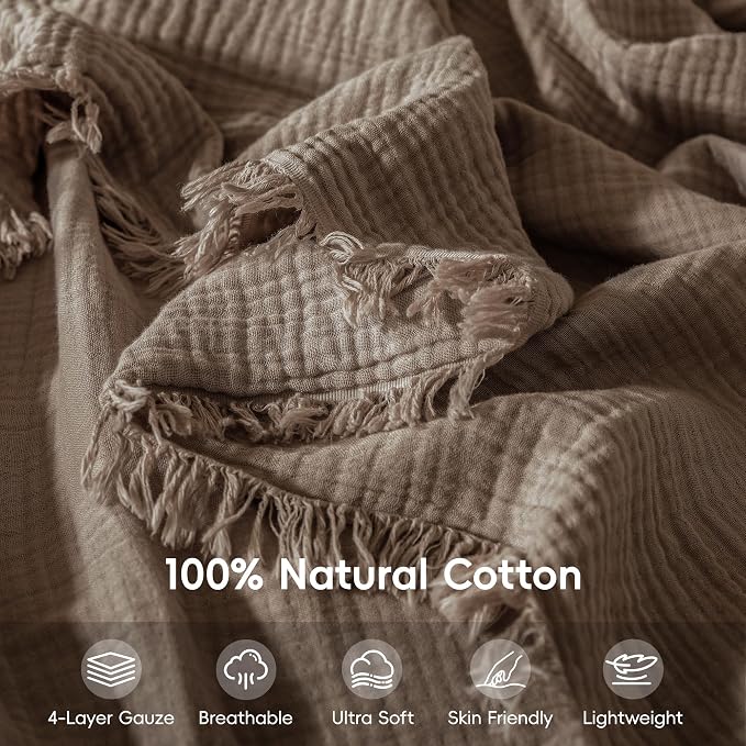 Muslin Fringe Blankets for Adults: 100% Cotton Cloud Soft | 4-Layer Gauze Breathable Lightweight All Season Throw Blanket for Bed Couch Sofa Office
