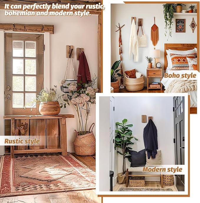 Wood Wall Hooks for Bathroom | 2Pack Foldable Coat Hooks for Rustic Hanging Towels Bags Coats, Space Saving Minimalist Design for Aesthetic Homeowner