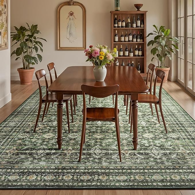 Lofus 10X 12 Area Rug for Living Room,Green Washable Area Rugs with Non-Slip Backing,Soft Boho Carpets for Bedroom Dining Room Home Office Indoor Nursery