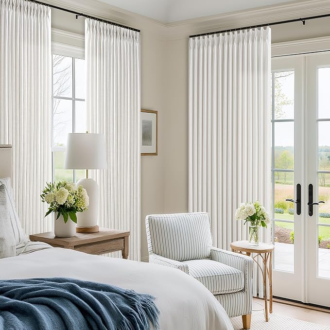 Beige White Pinch Pleated 126 Inch Curtains 2 Panel Set for Living Dining Room Neutral Thick Linen Semi Sheer Ceiling Track Curtain Light Filtering Privacy Bedroom Drapes Window Treatment W50xL126