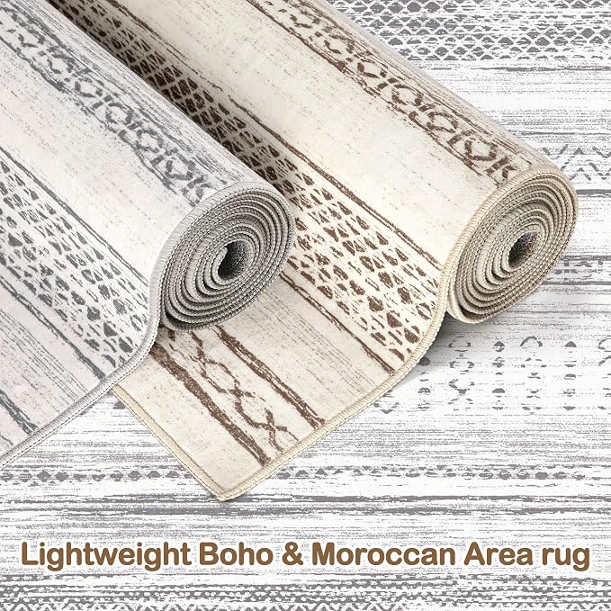 Tortania Area Rug Living Room Rugs - 8x10 Washable Large Soft Neutral Boho Moroccan Bohemian Farmhouse Rug Indoor Floor Carpet for Bedroom Under Dining Table Home Office Decor - Light Grey