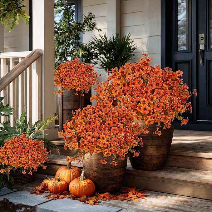AXYLEX Artificial Fall Flowers Outdoor Fake Mums - 16 Bundles Fake Plants UV Resistant No Fade Faux Plastic Greenery Garden Porch Patio Fall Home Decor (Orangegreen)