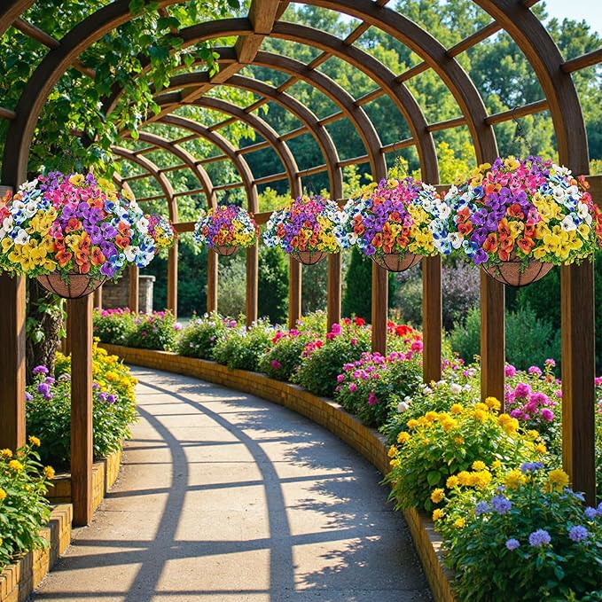 Artificial Hanging Flowers with Baskets for Outdoors, Fake Silk Pansy Flowers UV Resistant Faux Hanging Plants for Front Porch Patio Yard Home Spring Summer Decoration, Multicolor