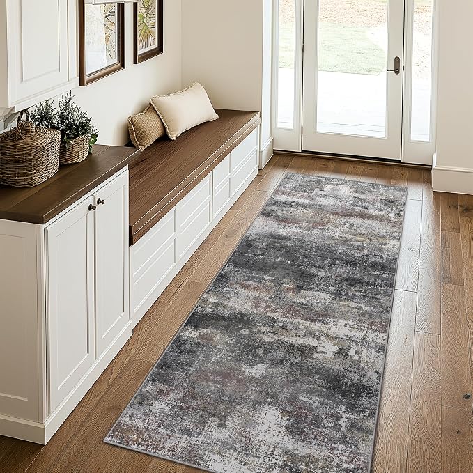BEIMO Runner Rug for Hallway Kitchen 2x10 Machine Washable Runners Rug for Entryway, Dark Gray Soft Modern Abstract Throw Rugs, Low Pile Floor Carpet with Non Slip Rubber Backing