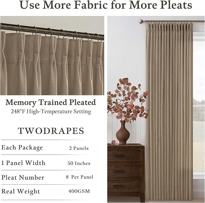 Short Pleated Linen Curtains 45 Inch Length 2 Panels Latte Rustic Country Light Filtering Back Tab Curtain for Kitchen Cafe Basement Light Brown Burlap Bay Window Drape with Hooks Rings W50xL45