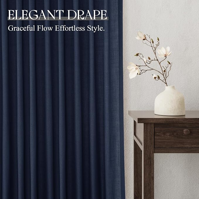 Jowels Navy Linen Curtains 96 Inch Long 2 Panels for Living Room | Navy Blue Light Filtering Semi Sheer Curtain,Back Tab Pocket Pleated Look,Boho Textured Privacy Drapes for Bedroom Window