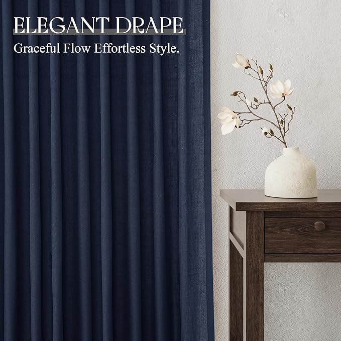 Jowels Navy Linen Curtains 105 Inch Long 2 Panels for Living Room | Navy Blue Light Filtering Semi Sheer Curtain,Back Tab Pocket Pleated Look,Boho Textured Privacy Drapes for Bedroom Window