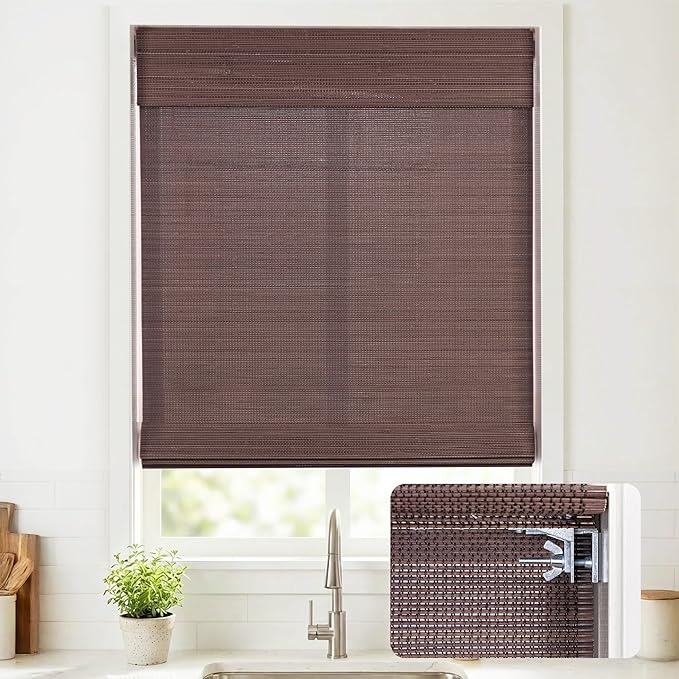 UNISHADES No Drill Cordless Bamboo Roman Shades, 38×64 in, Coffee | Natural material, Light Filtering, Easy Install