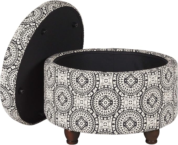 Homepop Home Decor | Upholstered Round Storage Ottoman | Ottoman with Storage for Living Room & Bedroom, Black and White Medallion Large