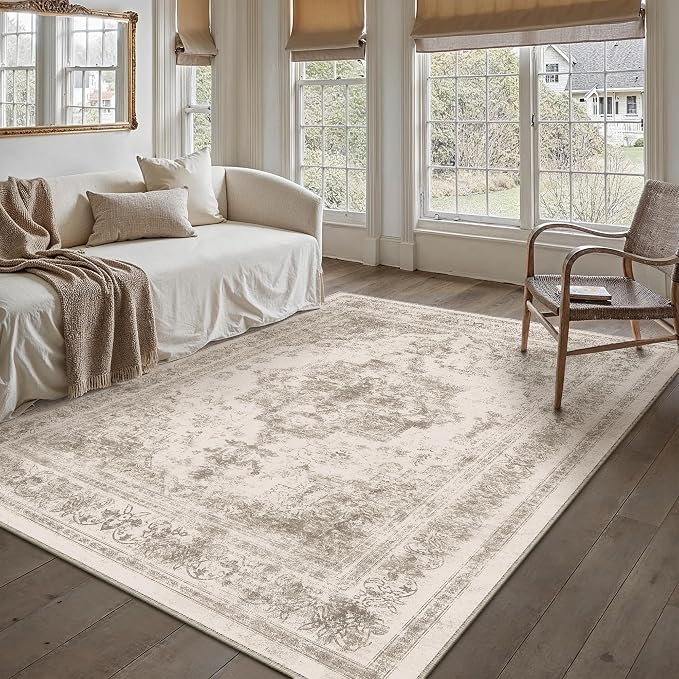 PureCozy Area Rug 4x6 Beige Washable Office Entryway Vintage Medallion Carpet Non Slip Retro Indoor Mat Low Pile Soft Distressed Small Rug for Bedroom Kitchen Laundry Dining Room