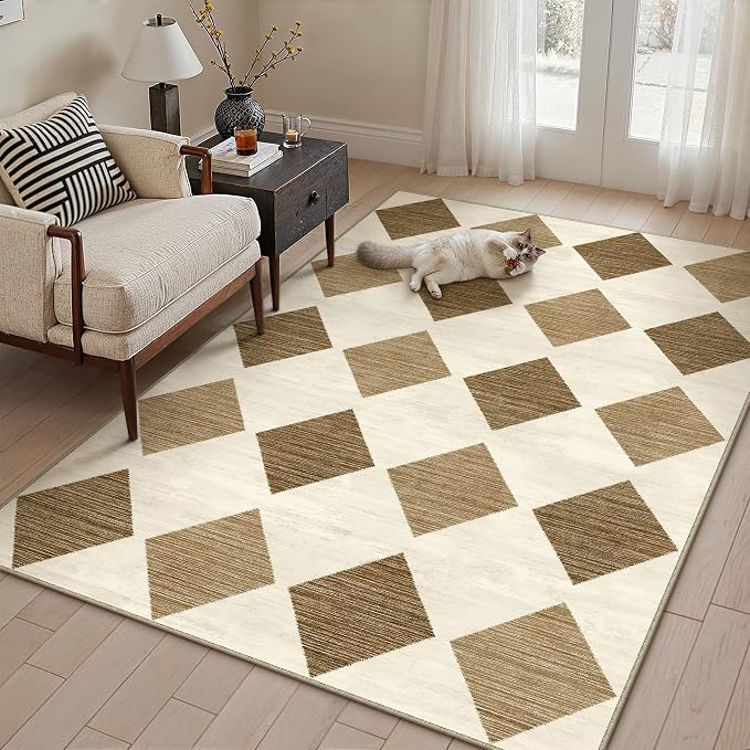 PureCozy 3x5 Checkered Area Rugs for Living Room Brown Machine Washable Large Rug Non-Slip Stain Resistant Low Pile Boho Accent Indoor Throw Carpet for Office Bedroom Dining Room Classroom