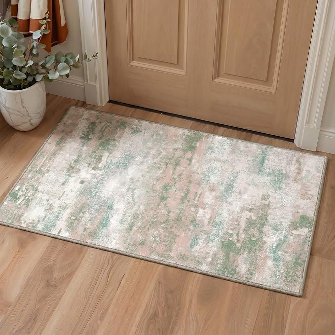 BEIMO 2X7 Runner Rug for Hallway Kitchen, Machine Washable Runners Rug for Entryway, Soft Modern Abstract Throw Rugs, Low Pile Floor Cover with Non Slip Backing, Light Pink Green
