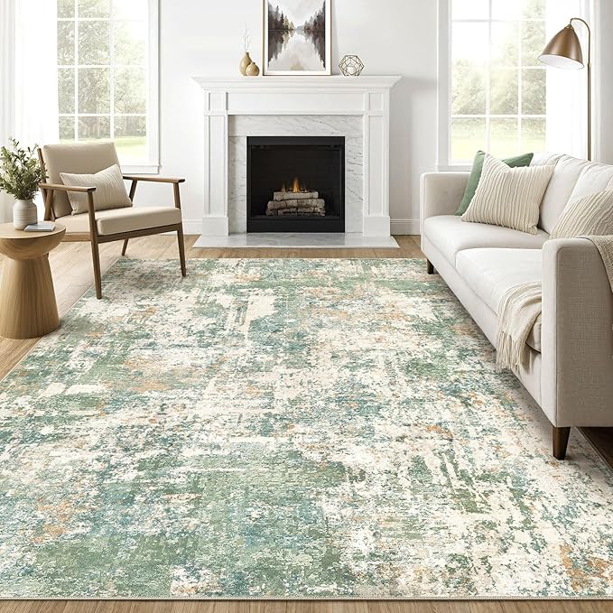 7x10 Area Rug Living Room: Washable Large Abstract Soft Green Rugs Stain Resistant Indoor Floor Non-Slip Accent Carpet for Men Modern Home Enthusiasts Aged 25-45 - Bedroom Office Playroom
