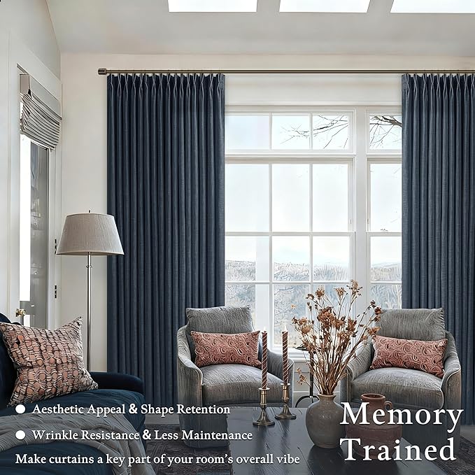 Navy Linen Curtains 72 Inches Long 2 Panels Set for Living Room Bedroom Pinch Pleated Back Tab Drapes Neutral Modern Farmhouse Semi Sheer 72 Inch Curtains for Dining Room Window Cabin Dark Blue