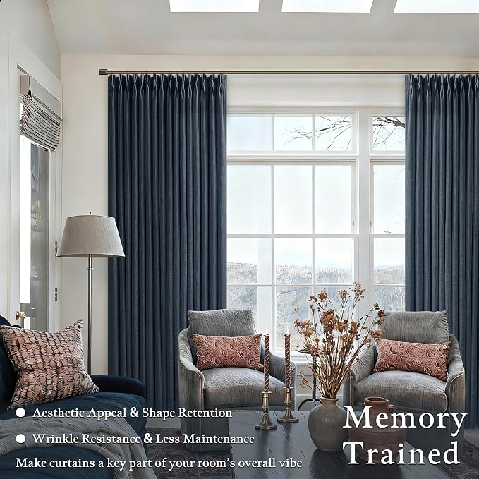 90 Inch Navy Pinch Pleated Linen Curtains 2 Panels Set for Living Room Bedroom Modern Memory Trained Semi Sheer Light Filtering Window Drapes with Hooks & Rings for Dining Room 50x90 Dark Blue Indigo