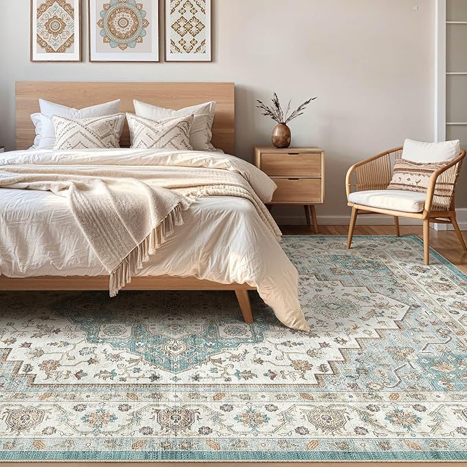 5x8 Area Rug Living Room: Washable Boho Large Neutral Vintage Soft Rug Stain Resistant Farmhouse Non-Slip Indoor Floor Carpet for Bedroom Nursery Kids Playroom Office Dining Room Home- Teal Brown