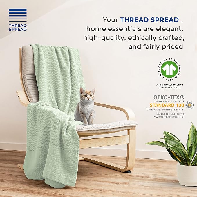 THREAD SPREAD Organic GOTS Cotton Certified Blanket, King/Cal King - 350GSM, Oversized Antistatic, Fuzzy Soft, Couch, Bed, Luxurious Herringbone All-Season Throw, Sage Green, Free Tote Bag