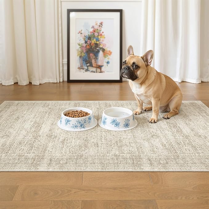 Soalmost 2x4 Washable Rugs for Kitchen, Floor, Entryway, Powder Room Small Area Rug Non-Slip Vintage Low Pile Throw Door Mat Beige