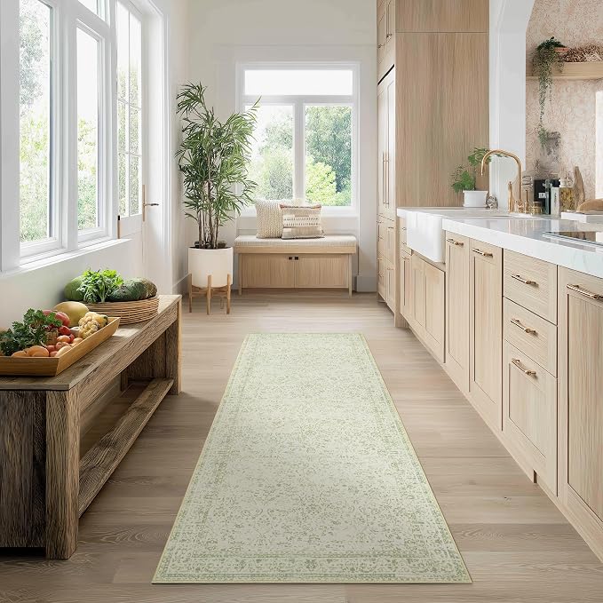 Sage Green 2x6 Runner Rug for Hallway Bathroom Washable Non Slip Vintage Boho Floral Long Runners Rugs for Entryway Indoor Bath Floor Kitchen Light Green Low Pile 2x6 Laundry Room Rug Runner
