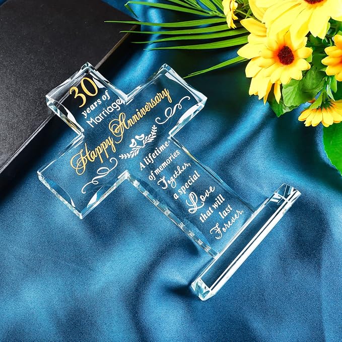 YWHL 30 Years Anniversary Cross Gifts for Wife Him Her, 30th Wedding Anniversary Meaningful Gifts for Couples, Glass Cross Keepsake with Standing Base, 30 Years of Marriage Gift