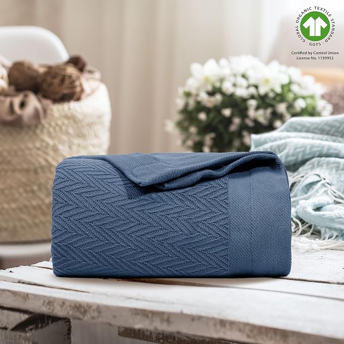 THREAD SPREAD Organic GOTS Cotton Blanket, Full/Queen - 350 GSM, Antistatic, Fuzzy Soft, Lightweight, Sofa, Camping & Travel, Perfect Herringbone All Seasons Throw, Medium Blue with Free Tote Bag