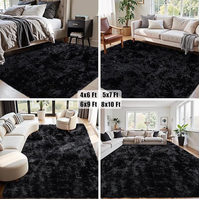 6x9 Area Rug for Living Room:Ultra Soft Fluffy Shag Black Rugs,Large Fuzzy Plush Indoor Non Slip Carpet Washable Rug for Bedroom Kids Nursery Office Dorm Modern Decor(Black 6'x9')