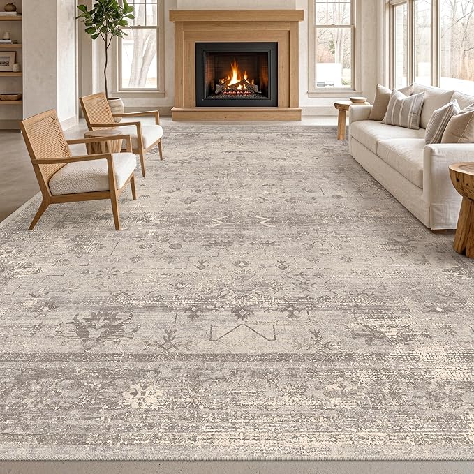 Greige 9x12 Washable Area Rug for Living Room, Distressed Granite-Inspired Geometric Carpet for Dining Room & Bedroom, Soft Low Pile Non-Slip Rug for Organic Modern Homes