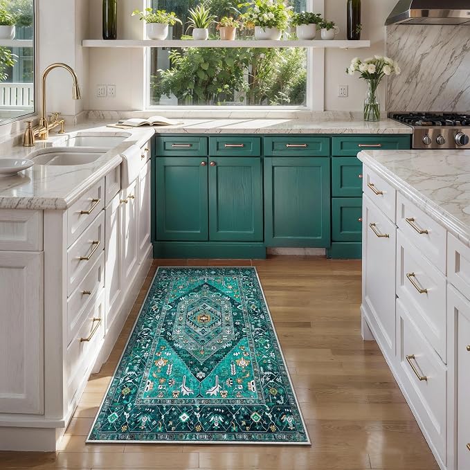 SERISSA 2x4 Boho Rugs for Entryway, Washable Non-Slip Kitchen Runner Rug, Ultra Soft Small Area Rug Vintage Teal Low-Pile Door Mat Indoor Entrance Carpet for Bedroom Hallway Laundry Room Bathroom