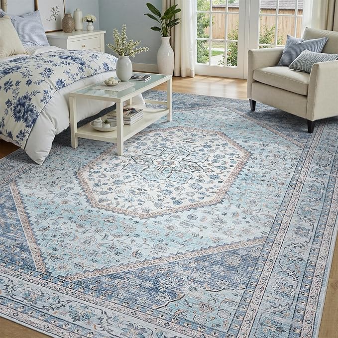 DCX Machine Washable Blue and Beige Area Rug 6x9, Non Slip Stain Resistant Vintage Floral Rug for Living Room Bedroom Nursery, Soft Low Pile Large Carpet