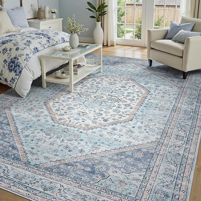 DCX Machine Washable Blue and Beige Area Rug 4x6, Non Slip Stain Resistant Vintage Floral Rug for Living Room Bedroom Nursery, Soft Low Pile Large Carpet