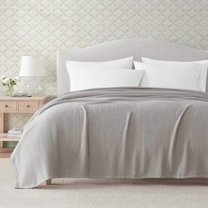 Martha Stewart - Queen Bed Blanket, 100% Cotton Textured Basket Weave Bedding, Breathable & Lightweight Blanket for Couch or Bed, Bedford Tile Grey