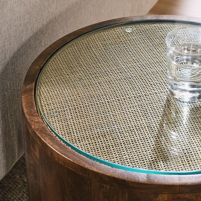 Modway Truett Wood Rattan Round Side Table in Walnut