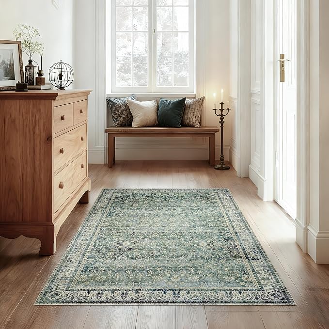 3x5 Area Rug for Entryway Indoor Low Pile Green Rugs with Washable Non Slip Boho Vintage Distressed Ultra Thin Entry Way Rugs for Kitchen Laundry Room Bathroom Inside House,3 x 5,Dark Green and Blue
