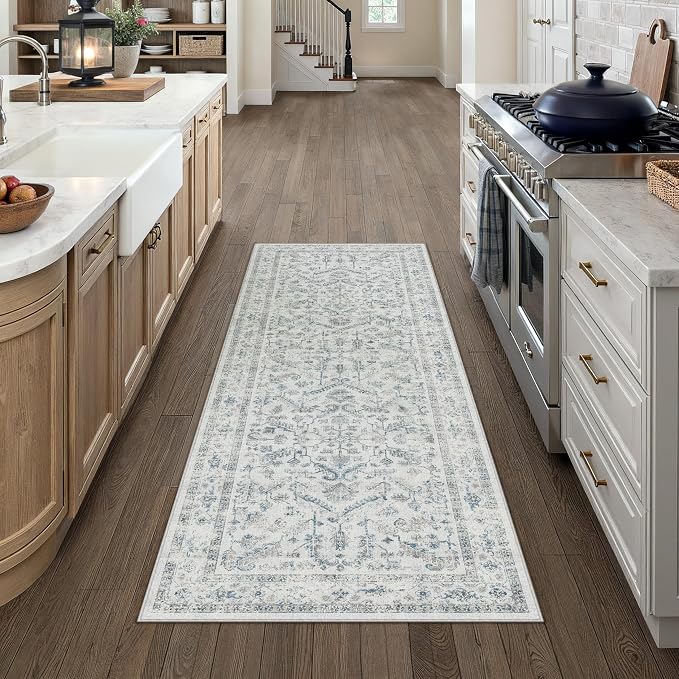 PureCozy Blue 2x5 Runner Rug Vintage Area Carpet Hallway Indoor Kitchen Washable Low Pile Traditional Distressed Retro Accent Throw Rug Non Slip for Laundry Bathroom Office