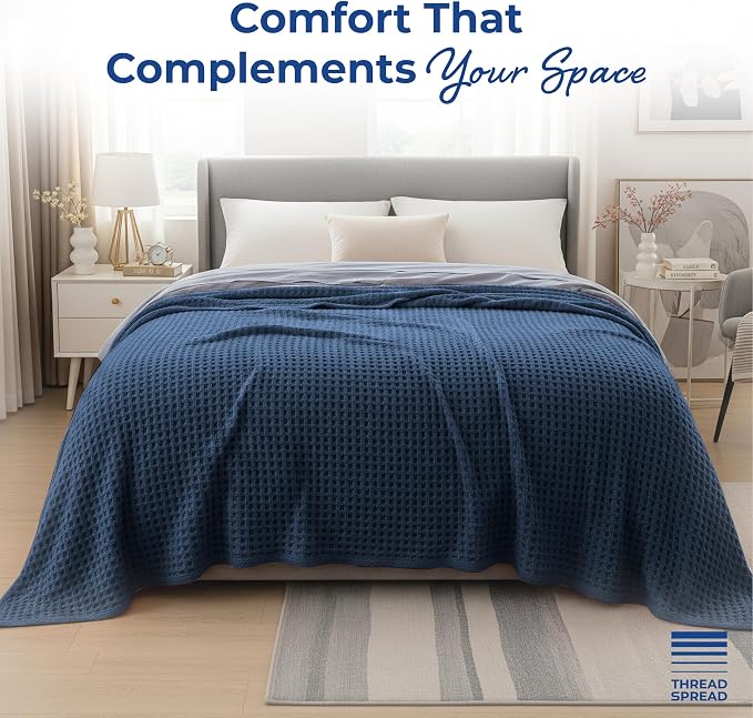 THREAD SPREAD 100% Cotton Waffle Blanket Queen Size - Soft Lightweight Breathable Waffle Weave Queen Blanket for All Season, Textured Throw Blankets for Bed, Sofa, Hotel, Hospital - Navy Blue