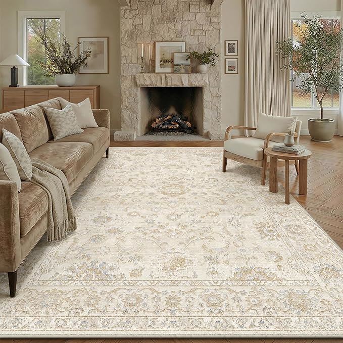 8x10 Beige Washable Area Rug for Living Room Bedroom Neutral Soft Floral Non Slip Large Throw Rug Lightweight Vintage Low Pile Distressed Carpet Office Playroom Dining Room Home Decor