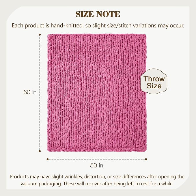 Carriediosa Chunky Knit Throw Blanket 50" X 60", 100% Hand Made Large Chenille Loop Yarn Soft Fluffy Throws for Couch Sofa Bed, Big Crochet Cozy Heavy Thick Cable Woven Blankets, Hot Pink