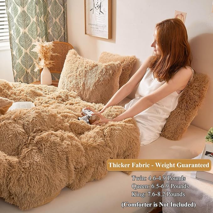 XeGe Plush Shaggy Duvet Cover Set, Luxury Ultra Soft Crystal Velvet Fluffy Bedding Sets 3 Pieces(1 Furry Faux Fur Comforter Cover + 2 Fuzzy Faux Fur Pillowcases), Zipper Closure(Queen, Camel)