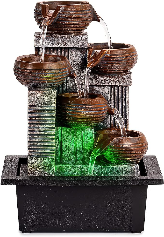 Father'sDen Collection Indoor Fountains and Waterfalls from 5-Tiered Pots-12”H Tabletop Water Fountain-Desk Fountain-Office Decor with Audible Calming Waterfall Sounds-Zen Fountain with Color Lights