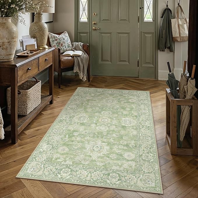 3x5 Green Washable Area Rug for Entryway Neutral Floral Soft Non Slip Carpet Low Pile Distressed Door Mat for Bathroom Bedroom Entrance Living Room