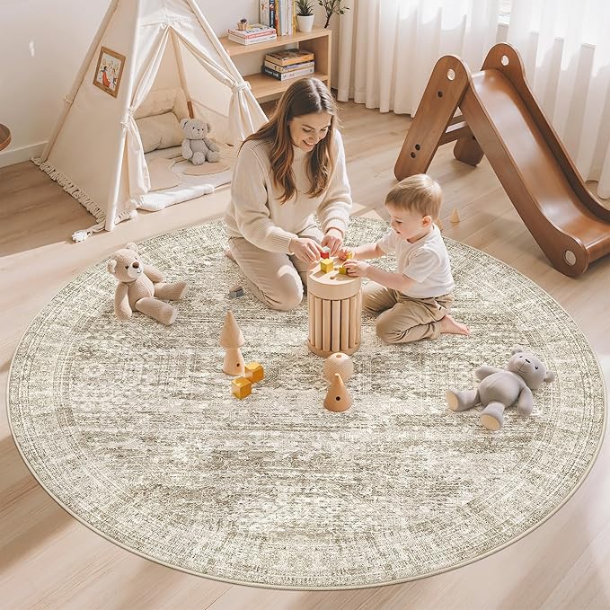 Soalmost 6x6 Brown Round Rug 6ft Living Room Circle Rug Vintage Round Area Rug Non Slip Indoor Carpet for Dining Room Bedroom